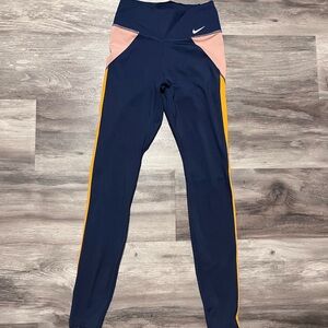 Nike Blue and Pink Leggings with Yellow Stripes